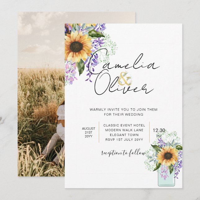 Sunflowers Purple Wisteria Modern Wedding INVITE (Front/Back)