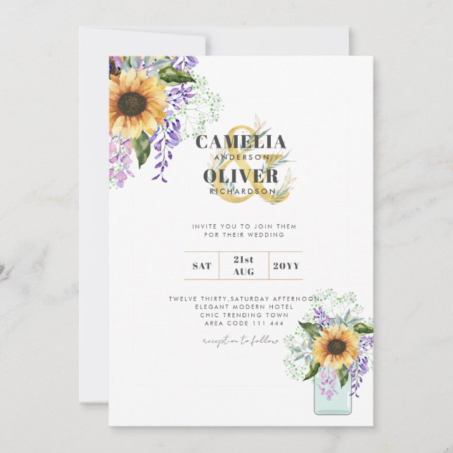 Sunflowers Purple Wisteria Modern Wedding INVITE (Front)