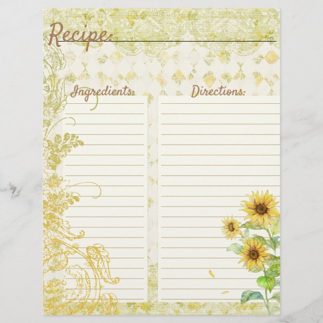 Sunflowers Recipe Cards (Front)