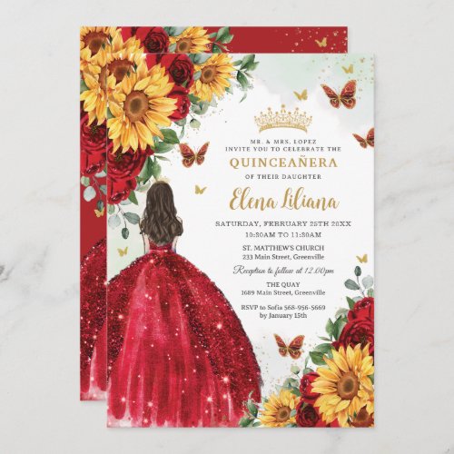 Sunflowers Red Floral Dress Quinceaera Sweet 16 Invitation