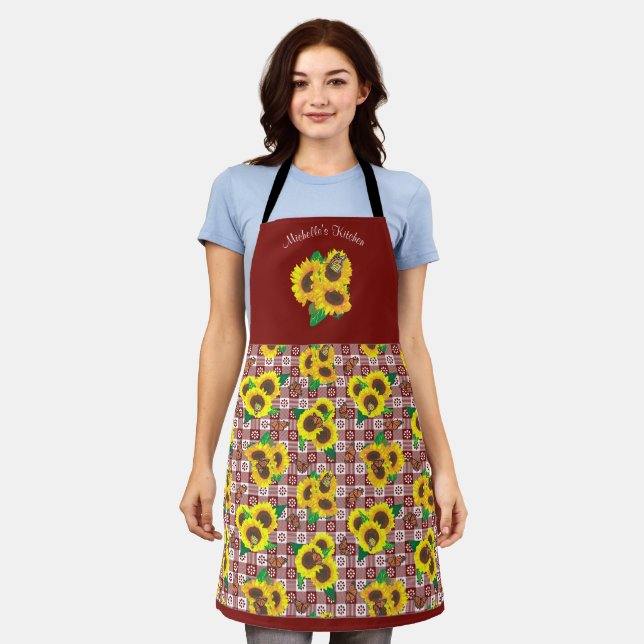 Sunflowers Red Gingham Apron (Worn)