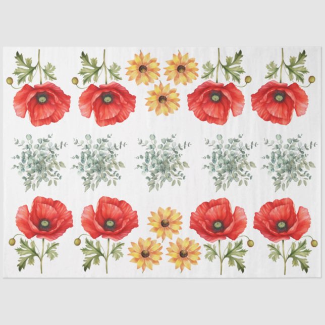 Sunflowers, Red Poppies & Eucalyptus  Decoupage Tissue Paper (Front)