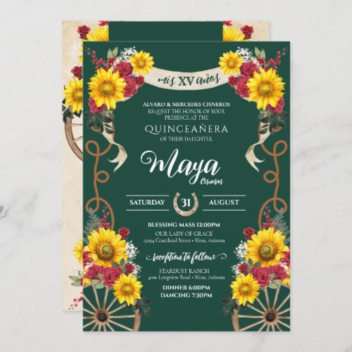 Sunflowers Red Rose Emerald Charro Quinceanera Invitation