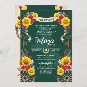 Sunflowers Red Rose Emerald Charro Quinceanera Invitation