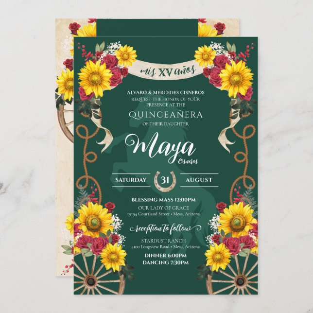 Sunflowers Red Rose Emerald Charro Quinceanera Invitation (Front/Back)