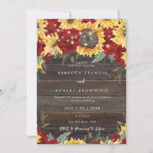 sunflowers red roses  barn wedding invitation