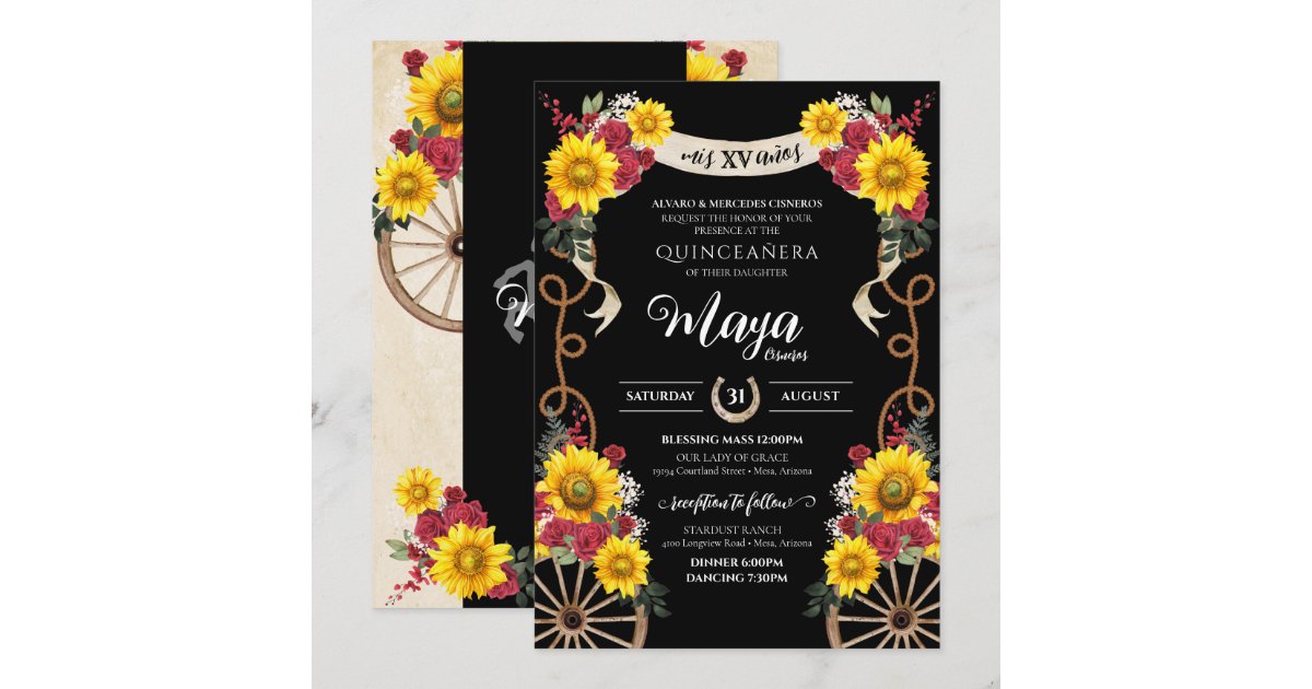 Sunflowers Red Roses Black Charro Quinceanera Invi Invitation | Zazzle