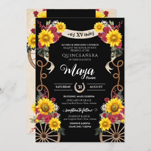 Sunflowers Red Roses Black Charro Quinceanera Invi Invitation