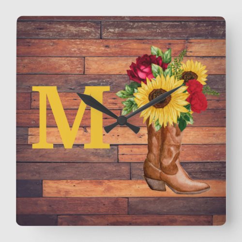 Sunflowers Red Roses Cowgirl Boots Monogram   Square Wall Clock