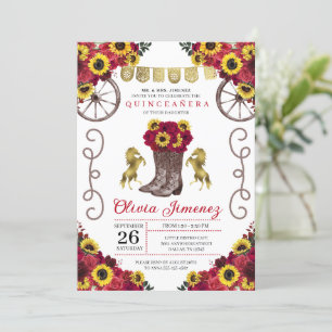Sunflowers Red Roses Cowgirl Boots Quinceanera Invitation