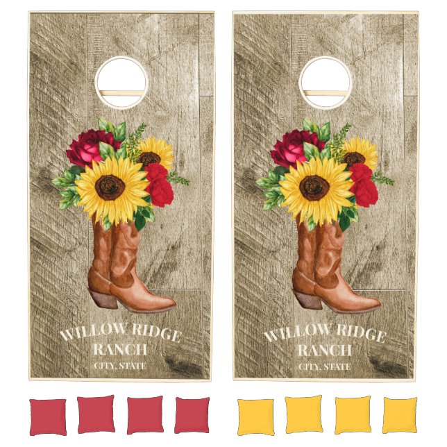 Sunflowers Red Roses Cowgirl Boots Rustic Wood Cornhole Set (Set)