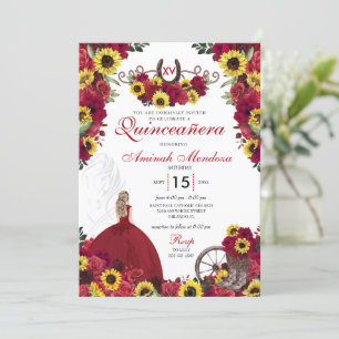 Sunflowers Red Roses Cowgirl Western Quinceanera Invitation