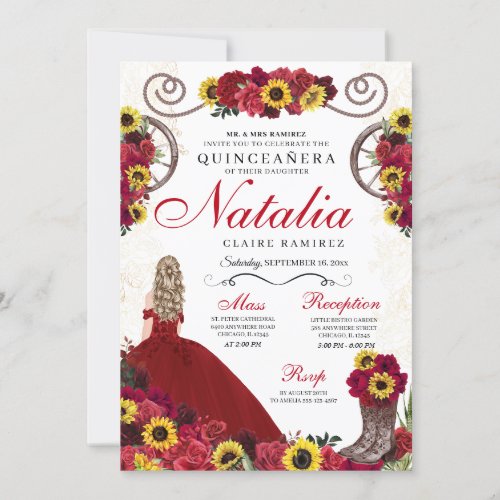 Sunflowers Red Roses Cowgirl Western Quinceanera Invitation