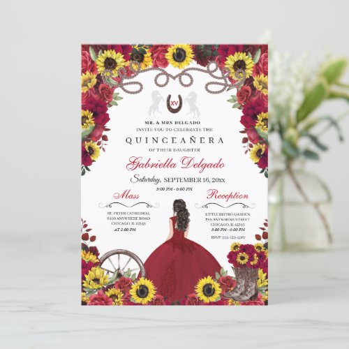 Sunflowers Red Roses Cowgirl Western Quinceanera Invitation