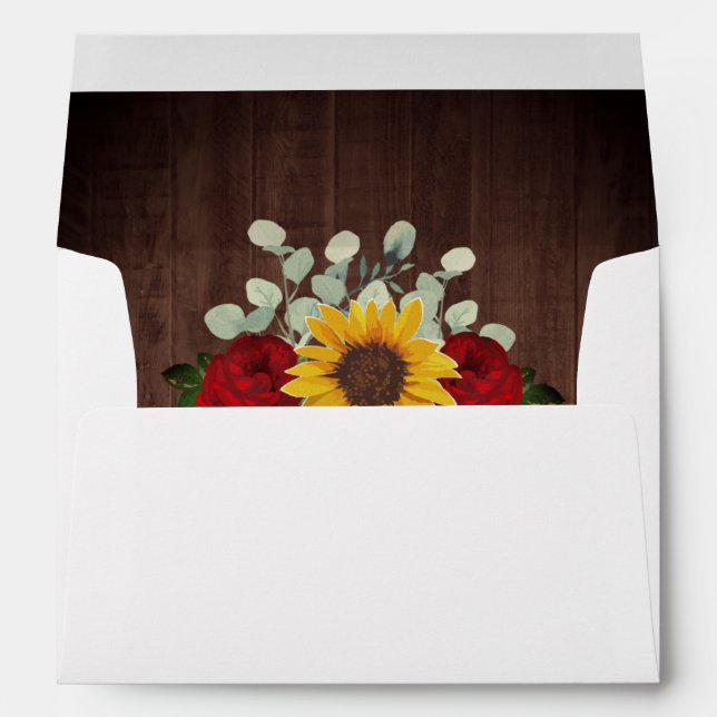 Sunflowers Red Roses Eucalyptus Rustic Wedding Envelope (Back (Bottom))