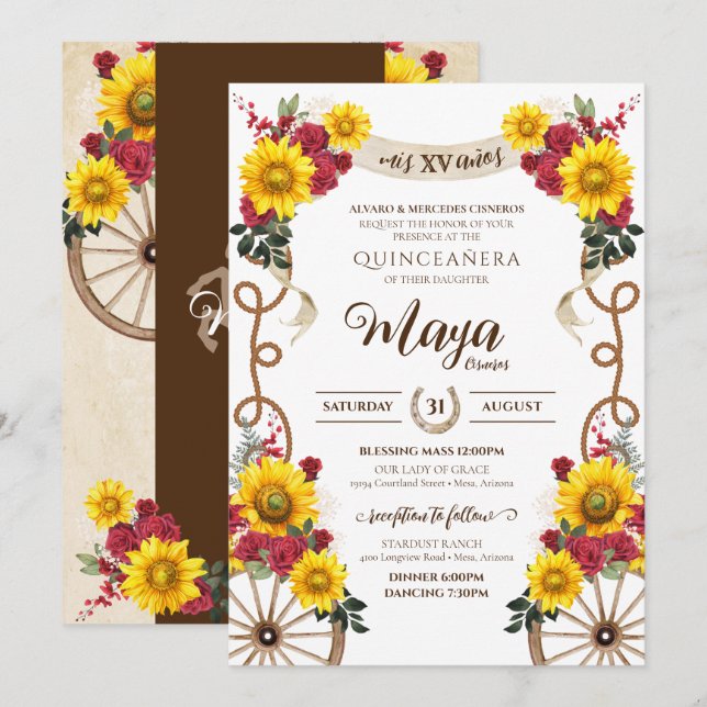 Sunflowers & Red Roses Rustic Charro Quinceanera Invitation (Front/Back)
