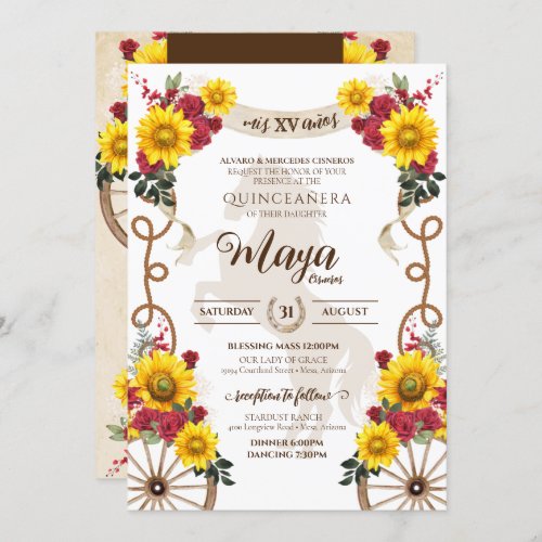 Sunflowers  Red Roses Rustic Charro Quinceanera Invitation