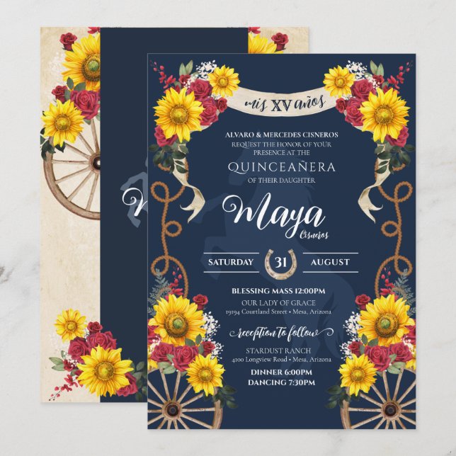 Sunflowers & Red Roses Rustic Charro Quinceanera Invitation (Front/Back)