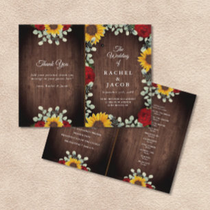 Sunflowers Red Roses Rustic Folded Wedding Program