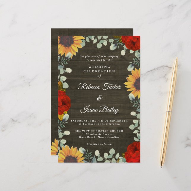 Sunflowers Red Roses Rustic Gray Budget Wedding (Front/Back In Situ)