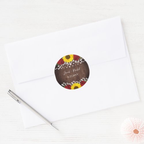 Sunflowers Red Roses String Lights Wedding Classic Round Sticker