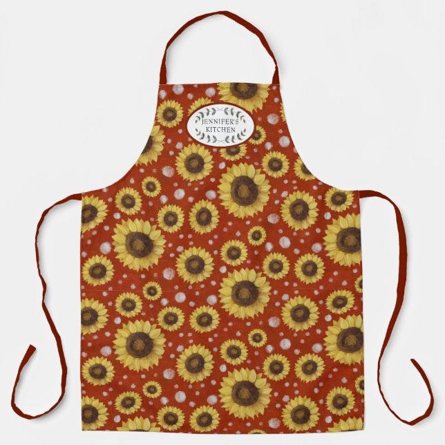 Sunflowers Red Rustic Farm House Kitchen Name Apron (Front)