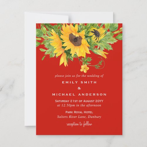 Sunflowers RED Yellow Wedding Invtiations Holiday Card