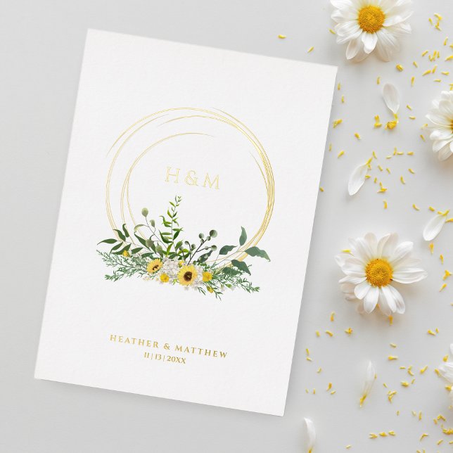 Sunflowers Romantic Chic Floral Wreath Real Golden Foil Invitation (Creator Uploaded)