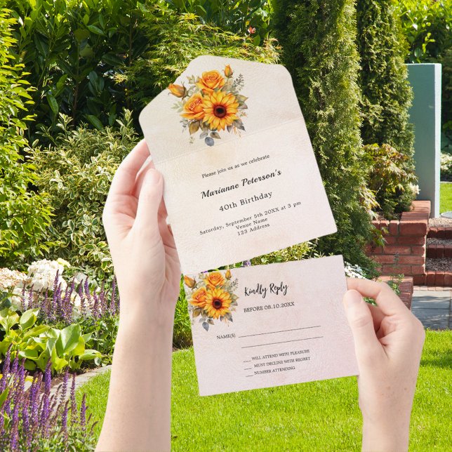 Sunflowers rose gold birthday RSVP All In One Invitation (Creator Uploaded)