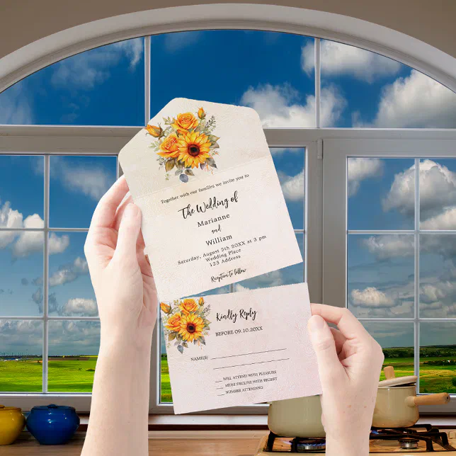 Sunflowers rose gold wedding invitation RSVP Zazzle