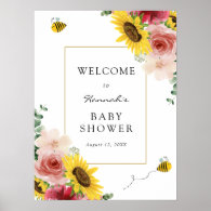 Sunflowers, Roses and Bees Baby Shower Welcome Poster