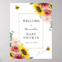 Sunflowers, Roses and Bees Baby Shower Welcome Poster