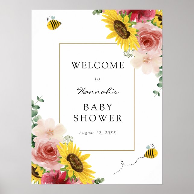 Sunflowers, Roses and Bees Baby Shower Welcome Poster (Front)