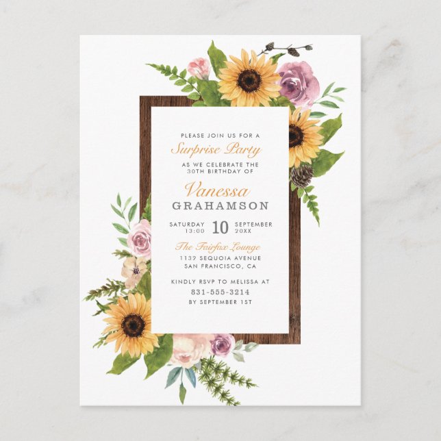 Sunflowers Roses Barn Wood Country Surprise Party Invitation Postcard (Front)