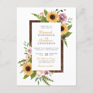 Sunflowers & Roses Barn Wood Country Wedding Invitation Postcard