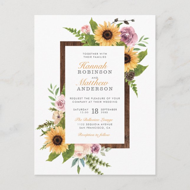 Sunflowers & Roses | Barn Wood Country Wedding Invitation Postcard (Front)