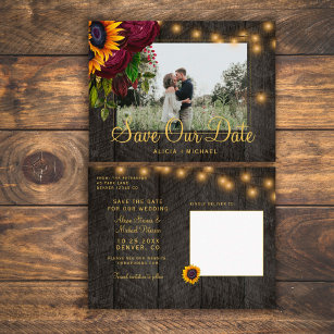 Sunflowers roses barn wood save the date wedding announcement postcard