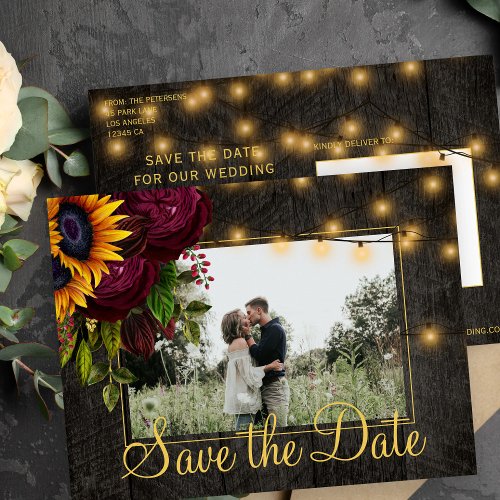 Sunflowers roses barn wood save the date wedding announcement postcard