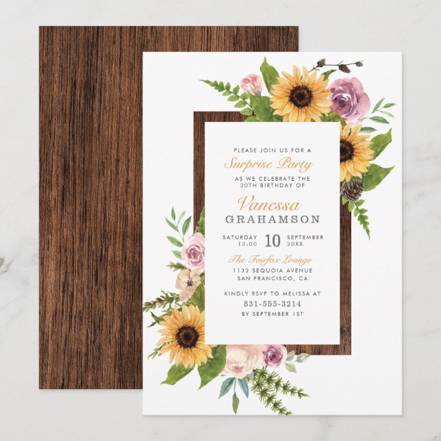 Sunflowers, Roses & Barn Wood | Surprise Party Invitation (Front/Back)