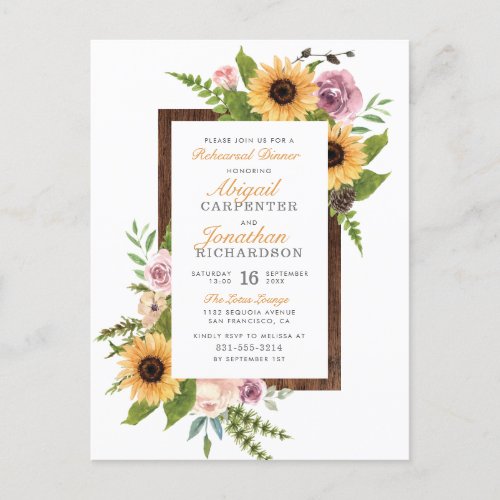 Sunflowers  Roses Country Rehearsal Dinner Invitation Postcard