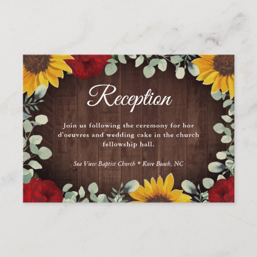 Sunflowers Roses Eucalyptus Wood Wedding Reception Enclosure Card