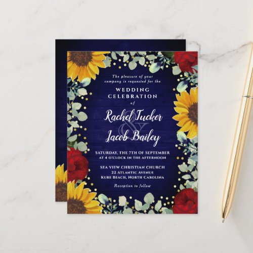 Sunflowers Roses Gold Dots Blue Wedding Invitation