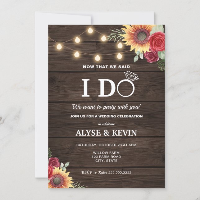 Sunflowers, Roses, Lights and Barnwood I DO BBQ Invitation (Front)