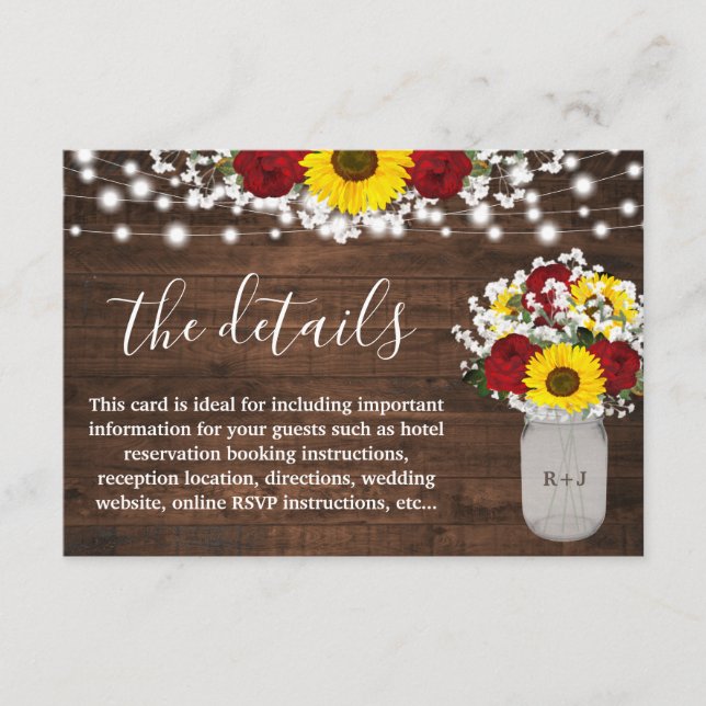 Sunflowers Roses Mason Jar Lights Wedding Details Enclosure Card (Front)