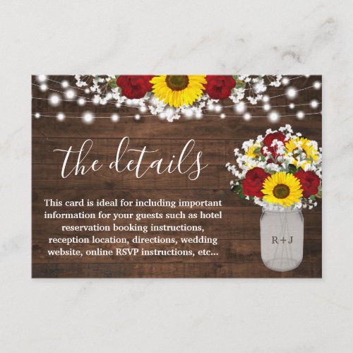 Sunflowers Roses Mason Jar Lights Wedding Details Enclosure Card