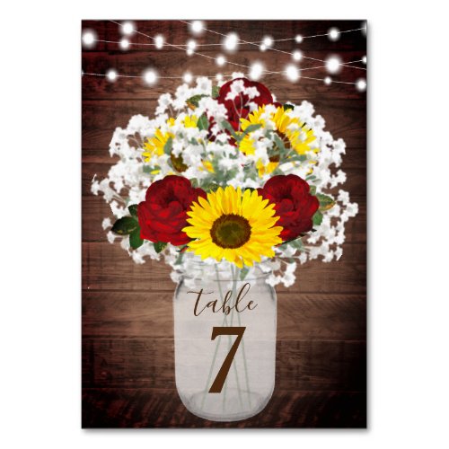 Sunflowers Roses Mason Jar String Lights Wedding Table Number