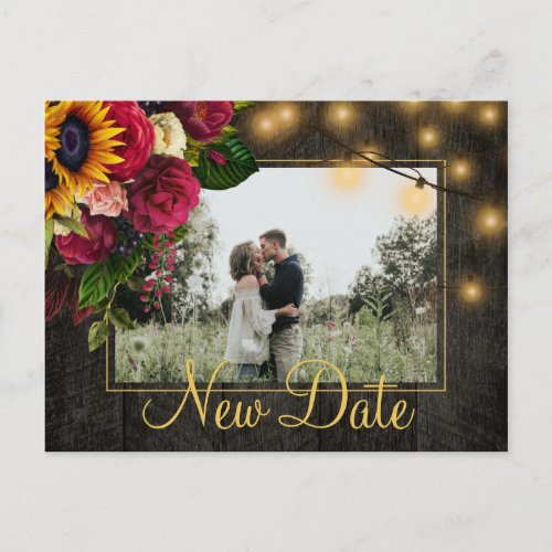 Sunflowers roses new date rescheduled fall wedding announcement postcard