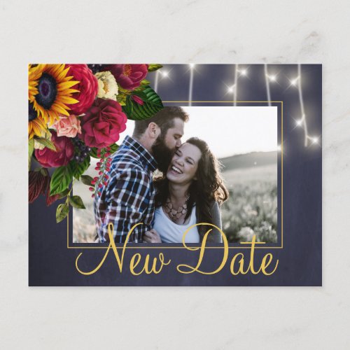 Sunflowers roses rescheduled fall new date wedding announcement postcard