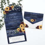 Sunflowers Roses Rustic Navy Blue Wood Wedding All In One Invitation<br><div class="desc">This rustic sunflower and burgundy roses country all in one wedding invitation with RSVP is perfect for a barn or ranch wedding. This invitation features watercolor yellow sunflowers with burgundy roses and baby's breath and sage eucalyptus greenery on a navy blue wood background with string lights. This is a perfect...</div>
