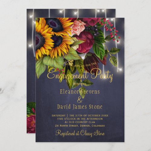 Sunflowers roses rustic navy burgundy engagement invitation